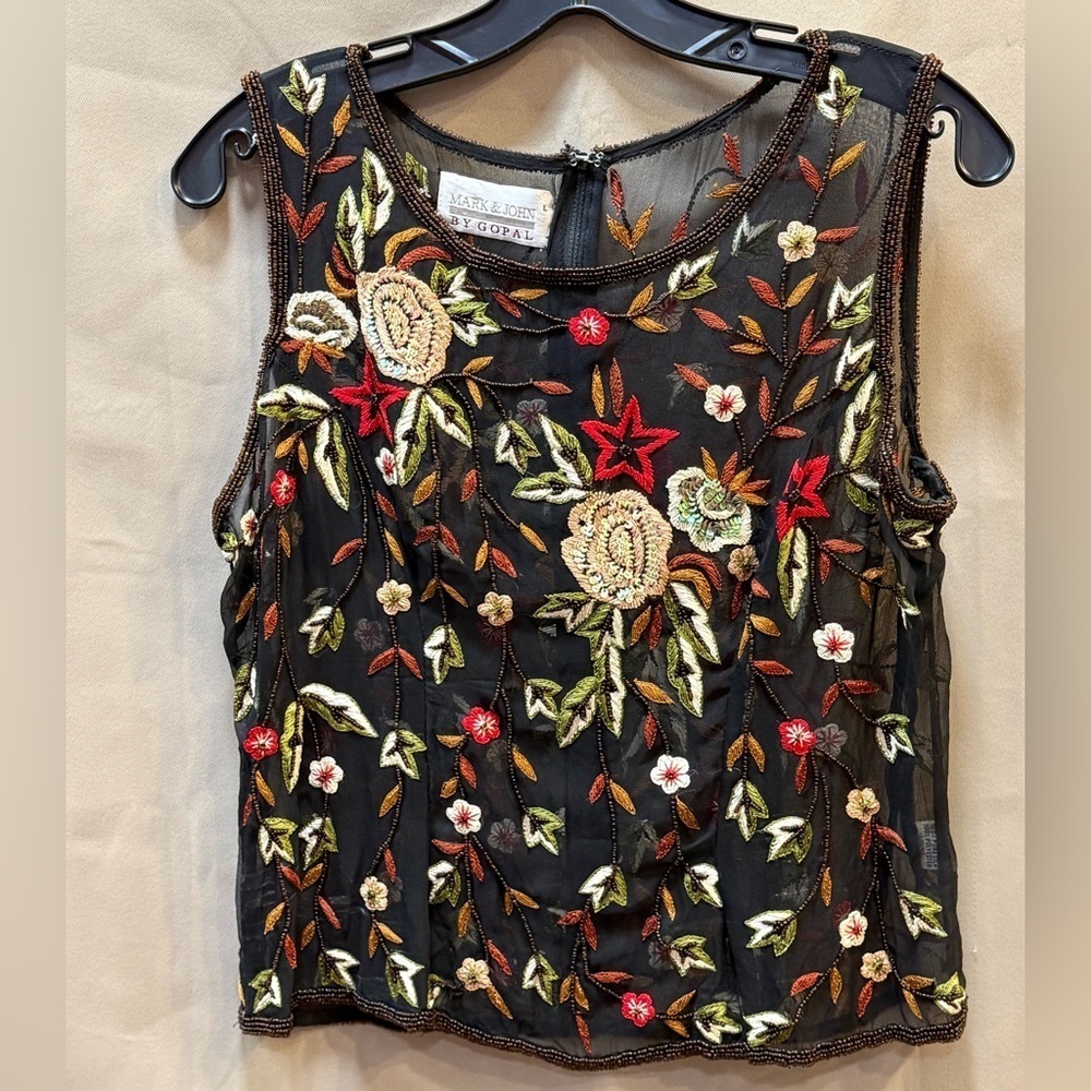 Mark & John by Gopal Black Silk Sleeveless Top Beaded Embroidered Size L Vintage